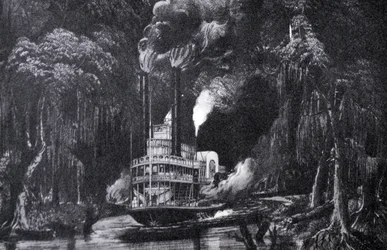 Ilustración de Currier & Ives del Siglo XIX. A Través del Pantano a la Luz de la Antorcha
